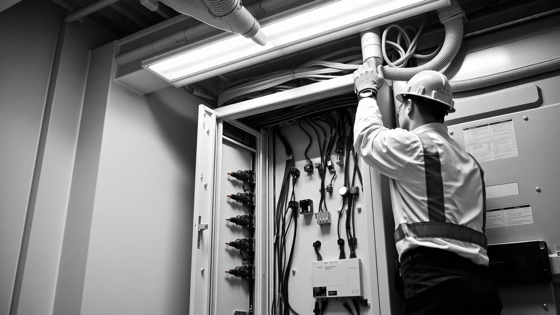 Electrician performing a commercial electrical installation